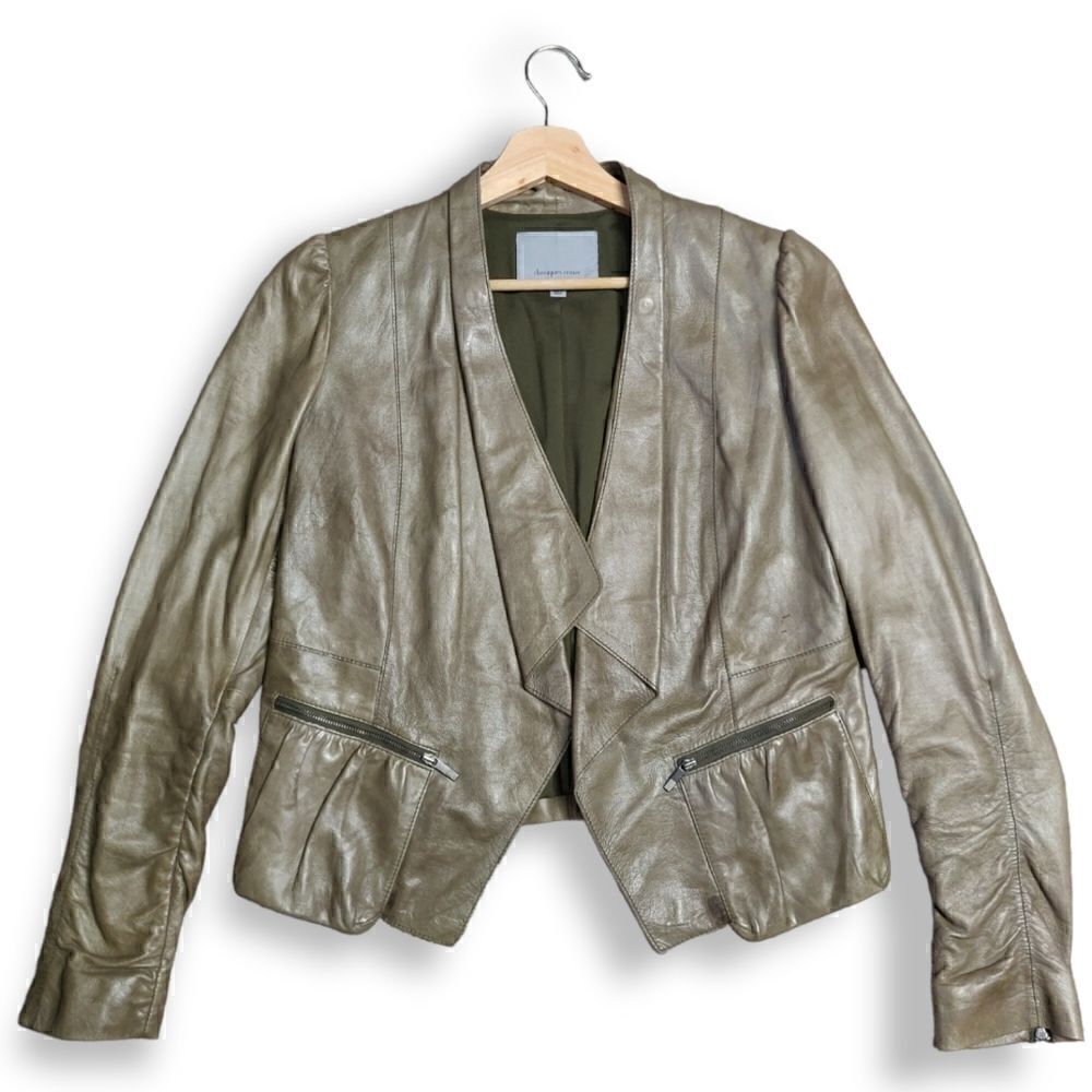 CLASSIQUES ENTIER 100% genuine lamb leather olive green open front jacket blazer